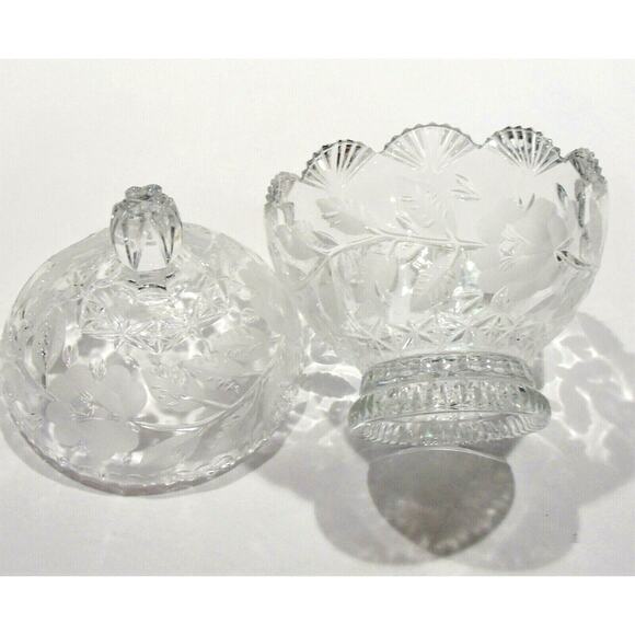 VTG Crystal CANDY DISH Box + Lid Rests Inside Fan Scalloped Edges Rose Cut Glass - Picture 4 of 6